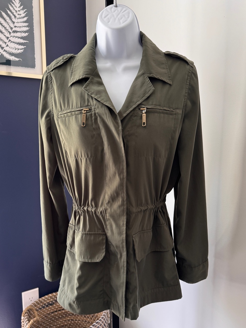 Chico’s olive green army style, draw string waist jacket. Chicos Size 0 (4) - Picture 2 of 13